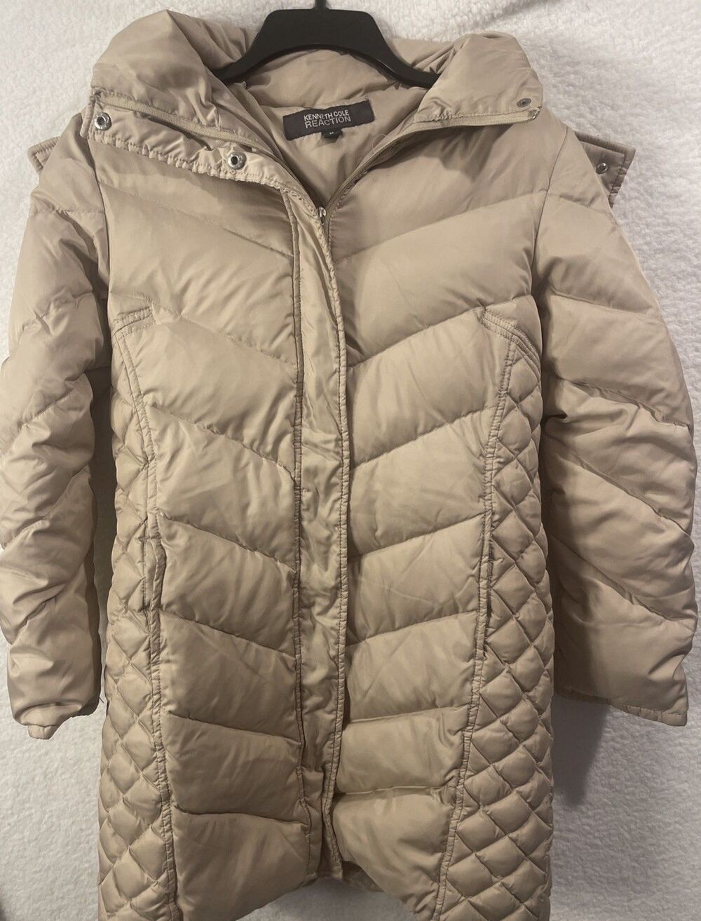 Kenneth Cole Reaction Women's Beige Puffer Jacket Removable Faux Fur Hood Sz M